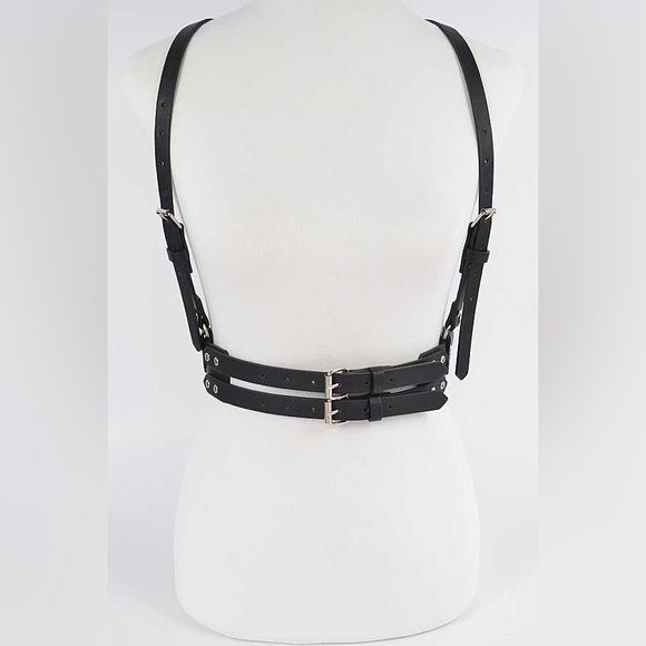 Black Vegan Leather Waist Harness Statement Belt - Picture 2 of 6